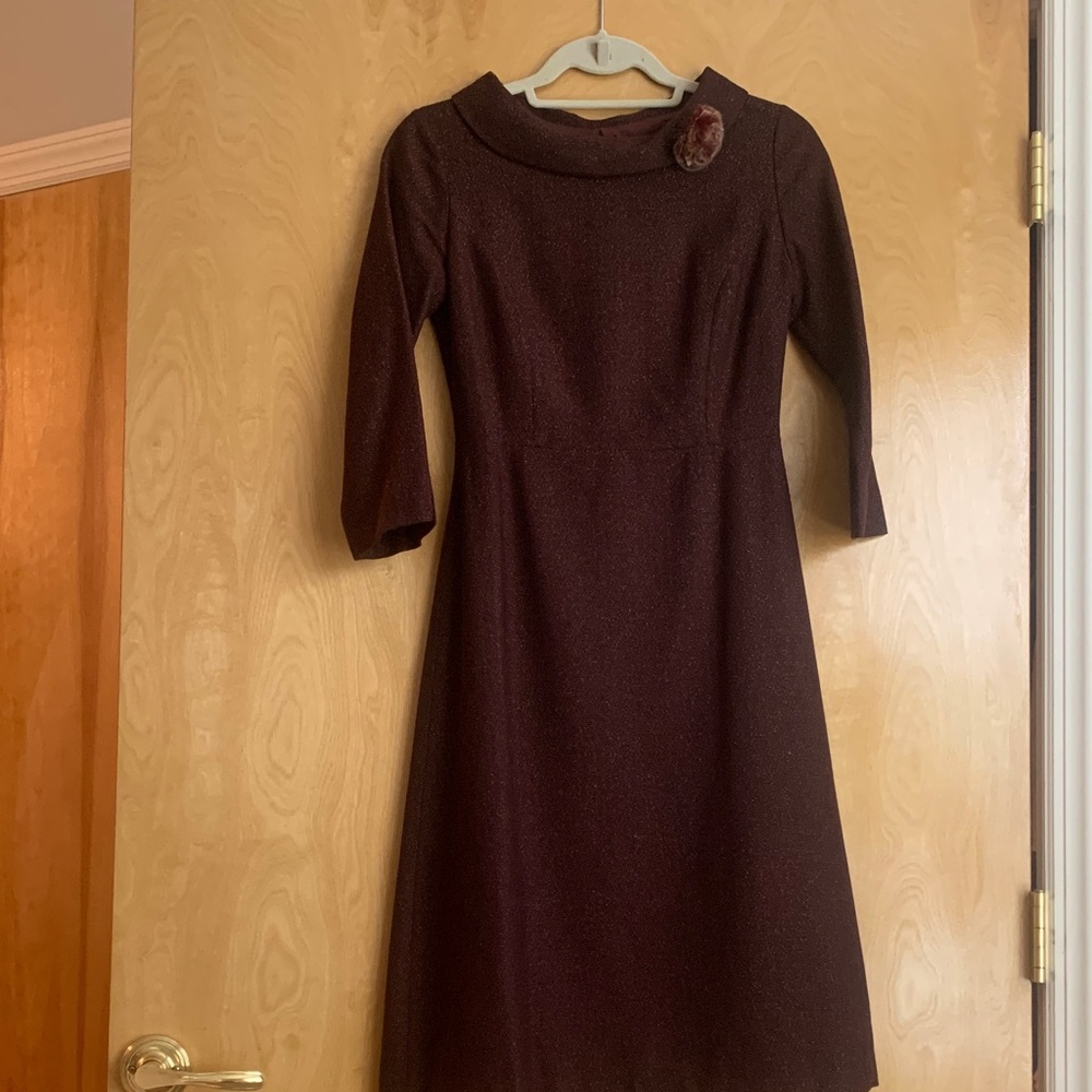 Iris Vintage Dark Brown Long-Sleeve A-Line Dress with Brooch